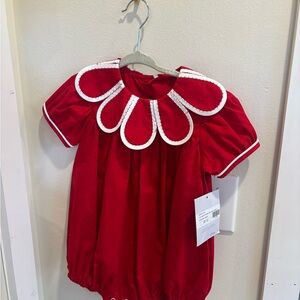 Toddler Girl Red Bubble with Tulip Collar & White Trim